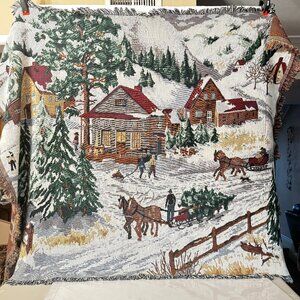 Christmas Tapestry Snow Winter Town Throw Blanket Woven 68 x 54" General Merchan